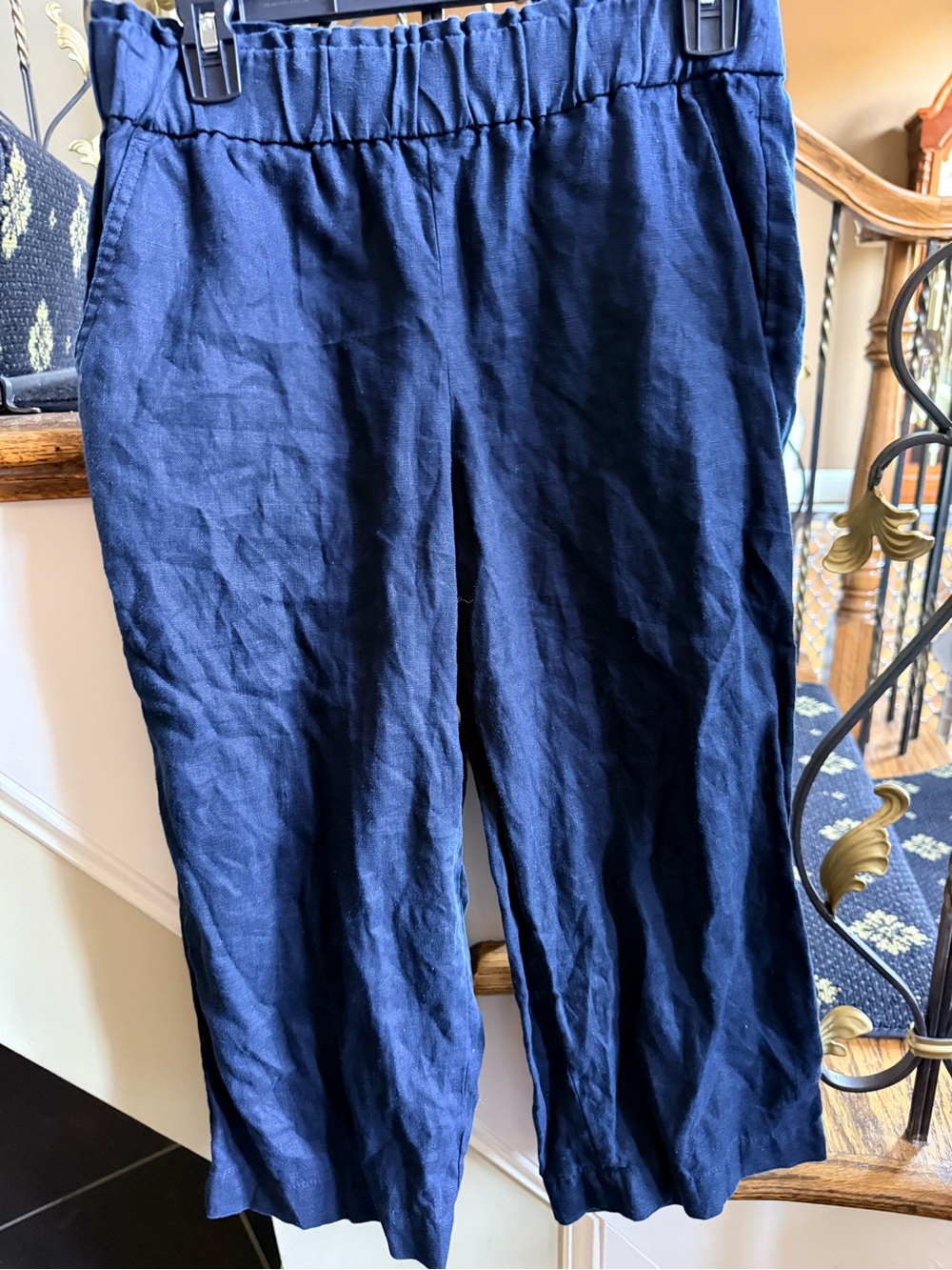 Talbots Nantucket Pull On Wide Leg Crop Pant. Linen Navy Elastic waistband. SP